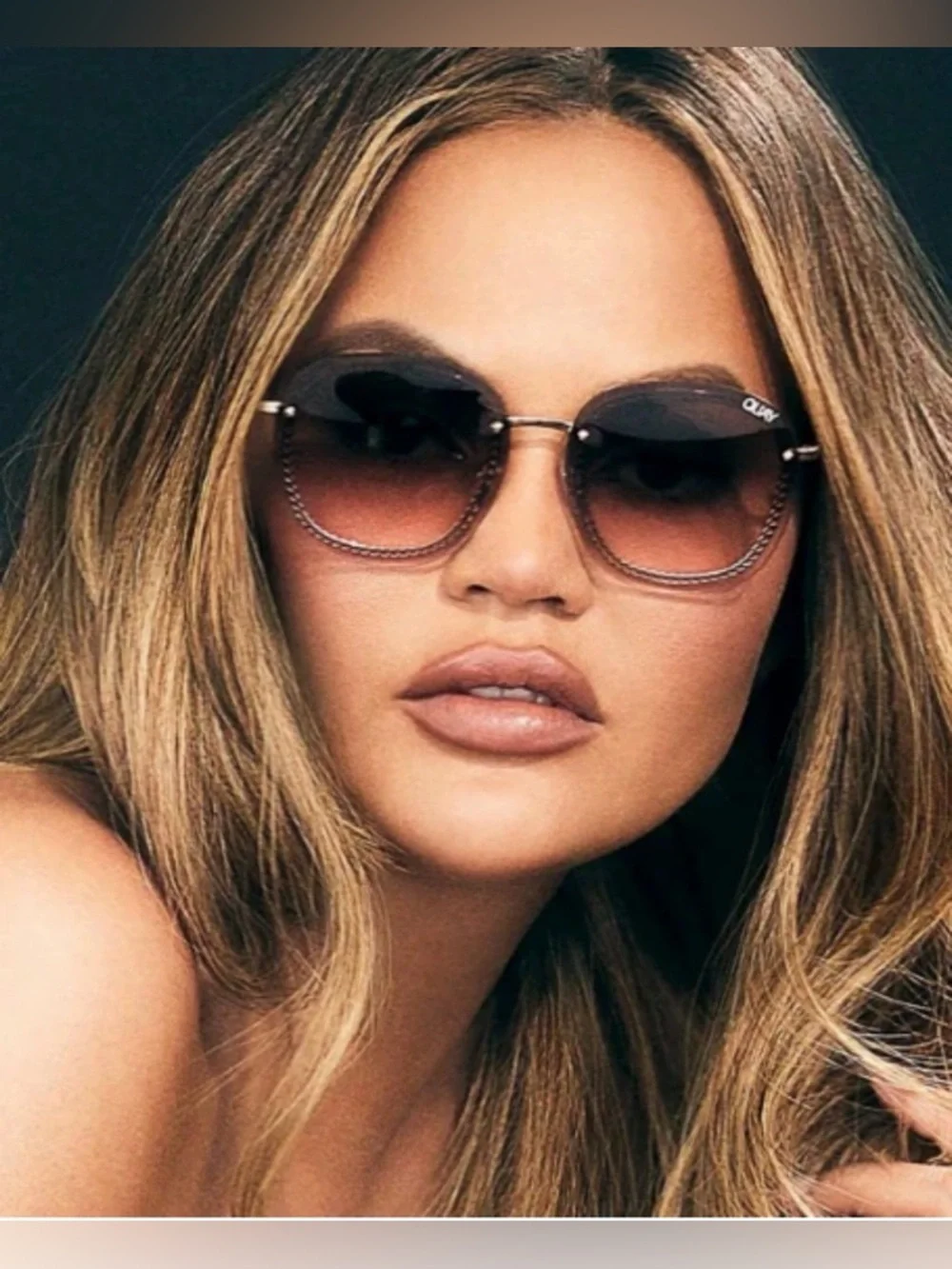 Quay Australia Jezabell Chain Sunglasses Gold Brown Rimless Round Women